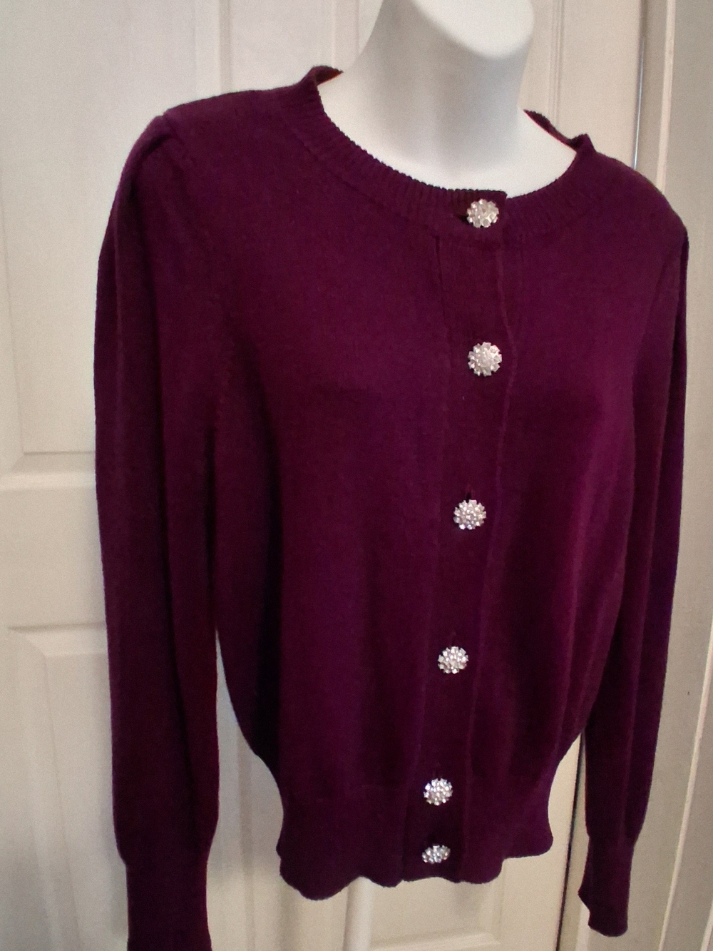 Womens Jewel-Button Crewneck Cardigan - Deep Plum